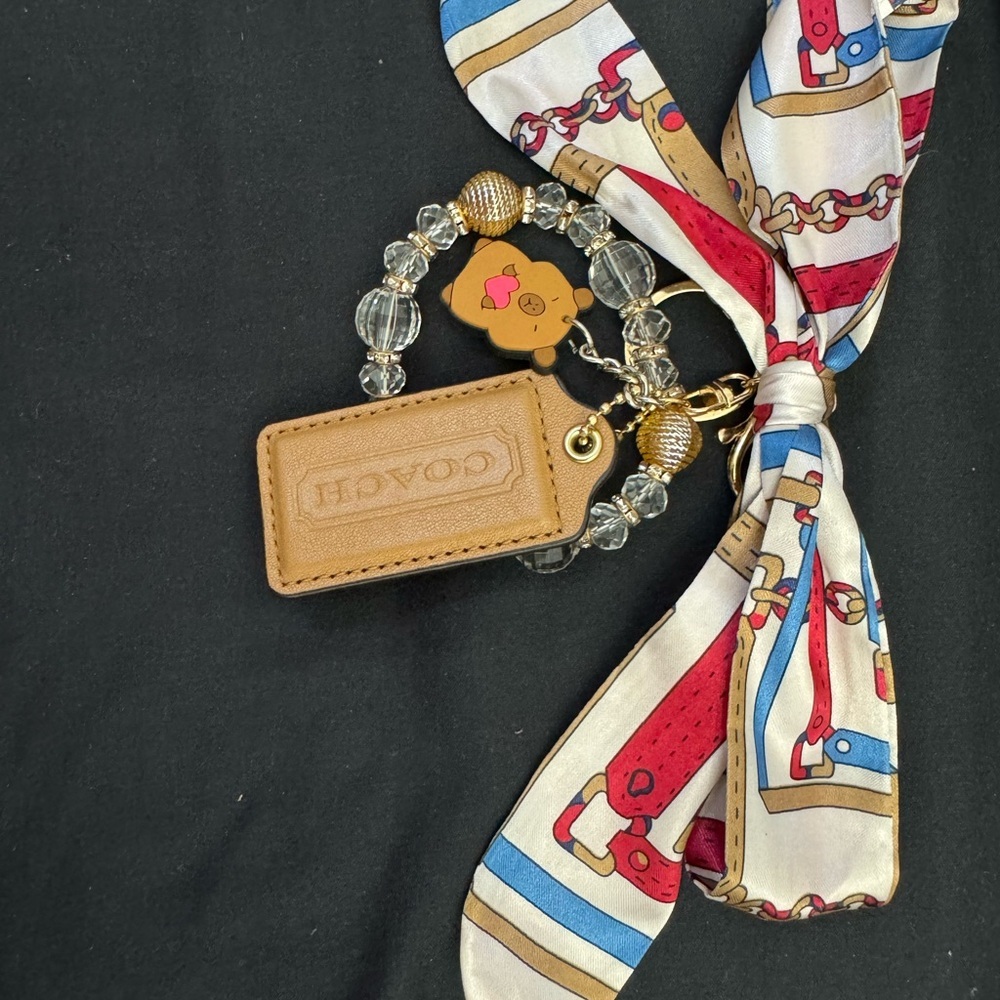 Coach Tan hang tag with Red and Blue twilly and keychain fob w/ decorative beads - Picture 2 of 2